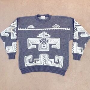 Vintage 80s London Fog Mens Crewneck Sweater XL Acrylic Wool Grey White USA Made